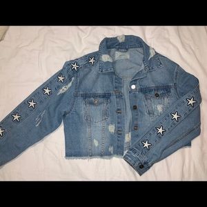 Cropped/Distressed Denim Jacket w/ Star Details
